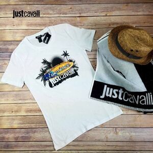 New Just Cavalli Men Fitted T-Shirt White Cotton Graphic Tee Crewneck XXS, XS, S